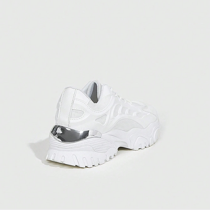 Women's Fashionable Sporty Mesh Surface White Lace Up Chunky Sneakers