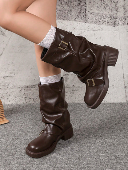 Western-Style Wrinkle Boots For Fall/Winter, Slim Fit