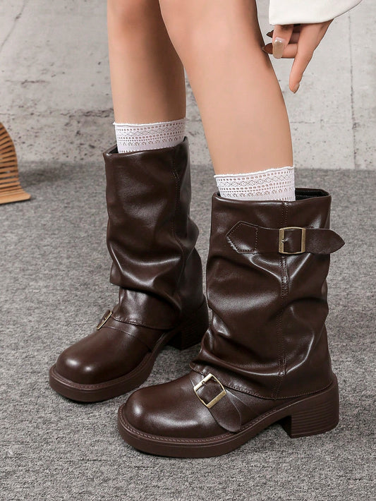 Western-Style Wrinkle Boots For Fall/Winter, Slim Fit