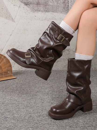 Western-Style Wrinkle Boots For Fall/Winter, Slim Fit