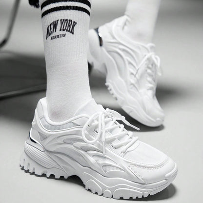 Women's Fashionable Sporty Mesh Surface White Lace Up Chunky Sneakers