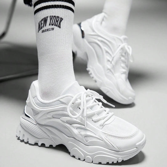 Women's Fashionable Sporty Mesh Surface White Lace Up Chunky Sneakers