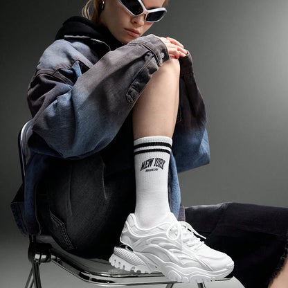 Women's Fashionable Sporty Mesh Surface White Lace Up Chunky Sneakers