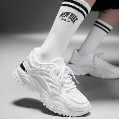 Women's Fashionable Sporty Mesh Surface White Lace Up Chunky Sneakers