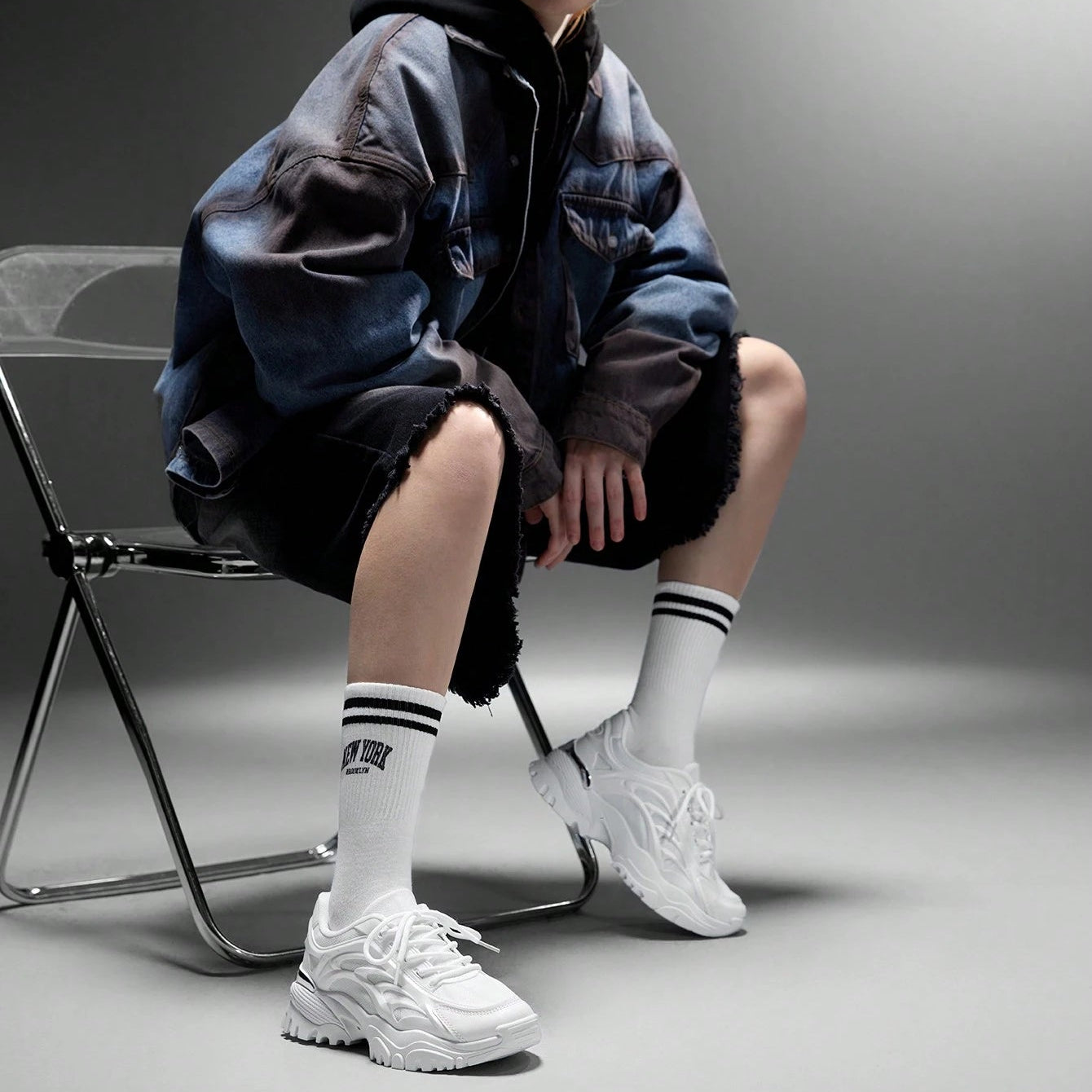 Women's Fashionable Sporty Mesh Surface White Lace Up Chunky Sneakers