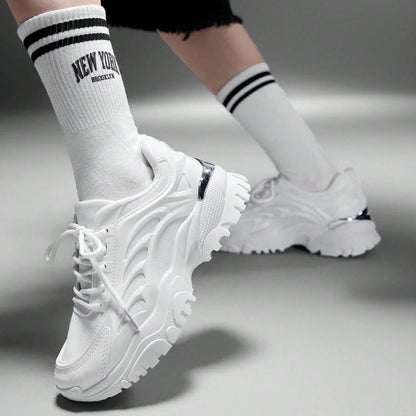 Women's Fashionable Sporty Mesh Surface White Lace Up Chunky Sneakers