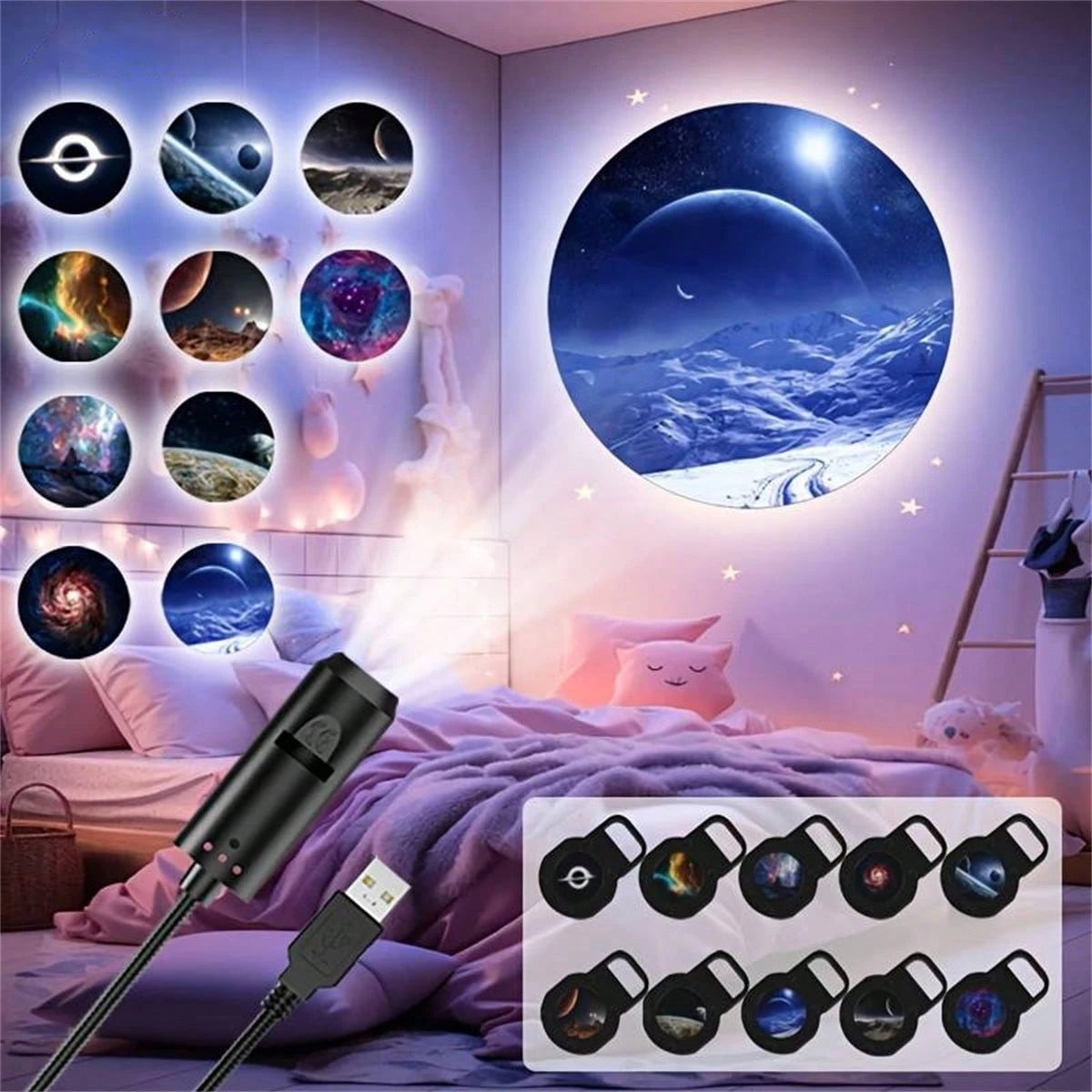 USB LED Starry Sky Projector. 360° Rotating Starry Sky Pattern.