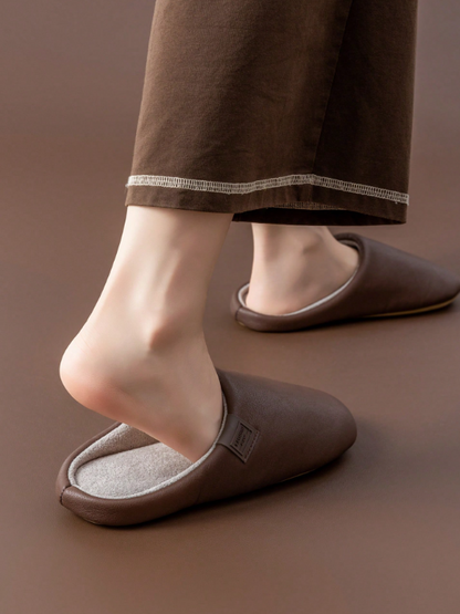 Men's Faux Leather House Slippers - Plush Thermal Lined, Memory Foam, Non-Slip Comfort Indoor Shoes