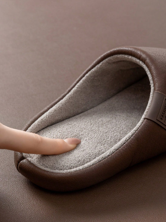 Men's Faux Leather House Slippers - Plush Thermal Lined, Memory Foam, Non-Slip Comfort Indoor Shoes
